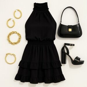 BCBG Paris Black Halter Neck Smocked Waist Tiered Ruffle Mini Dress XS